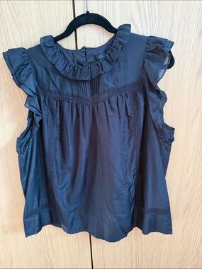J. Crew Silk and Cotton Blend Lined Black Ruffled Sleeveless Blouse
